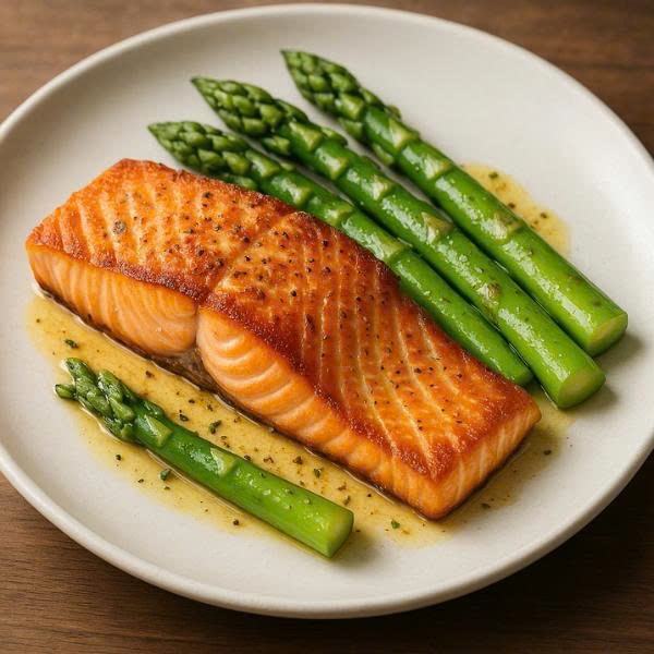 Món ăn gợi ý giúp tăng ham muốn sau sinh: cá hồi áp chảo giàu omega-3 ăn kèm măng tây.